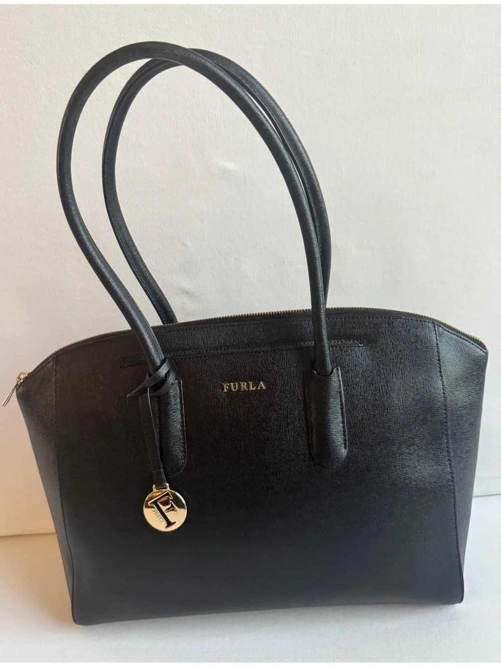 Furla Tessa Large Tote Black Saffiano Leather Gold F Charm Zip Top